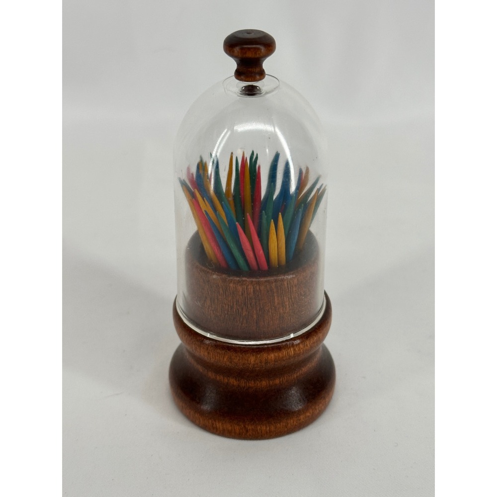 Unbranded Toothpick Holder Brown Vintage Wood Glass Dome Cloche Set